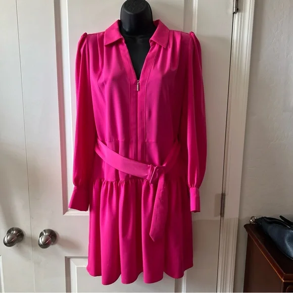 KARL LAGERFELD PARIS Belted Zip Up A Line Dress - Picture 2 of 8